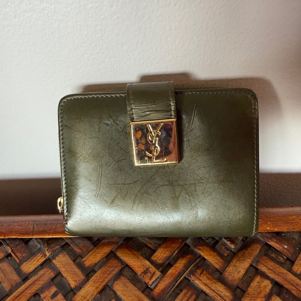 Vintage 90s Yves Saint Laurent Olive Green Leather Bifold Wallet Gold Logo OS